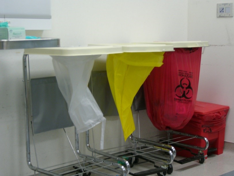 Medical Waste Bins with white, yellow and red bags